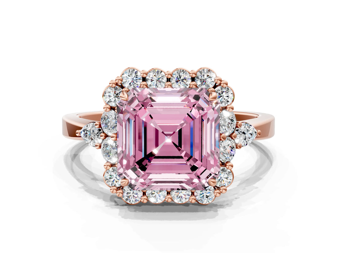 Rose gold Fancy Pink Asscher Cut Diamond Halo Ring with Pear Side Stones and Prong Setting_33