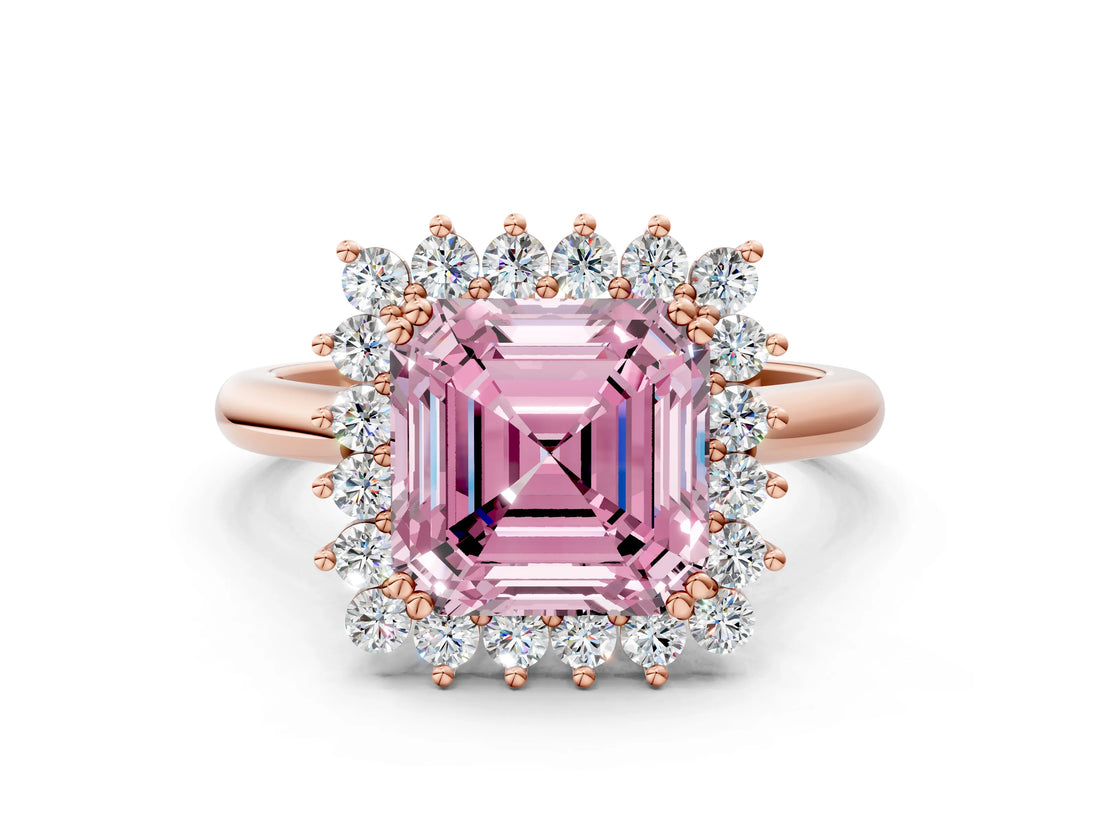Rose gold Fancy Pink Asscher  Cut Diamond Halo Ring with Solitaire Band and Prong Setting_46