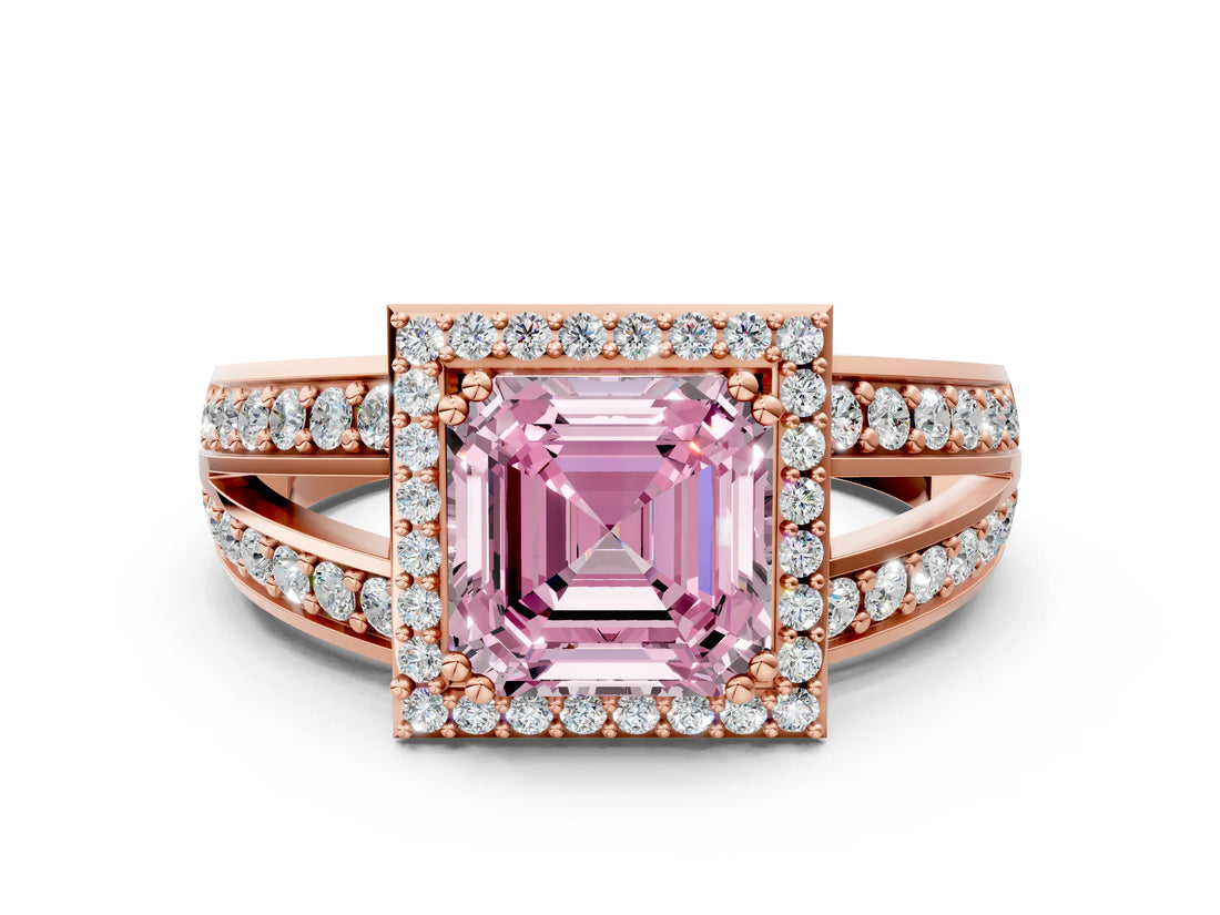Rose gold Fancy Pink Asscher Cut Diamond Halo Ring with Split Shank Pavé Band and Four-Prong Setting