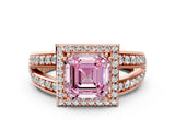 Rose gold Fancy Pink Asscher Cut Diamond Halo Ring with Split Shank Pavé Band and Four-Prong Setting