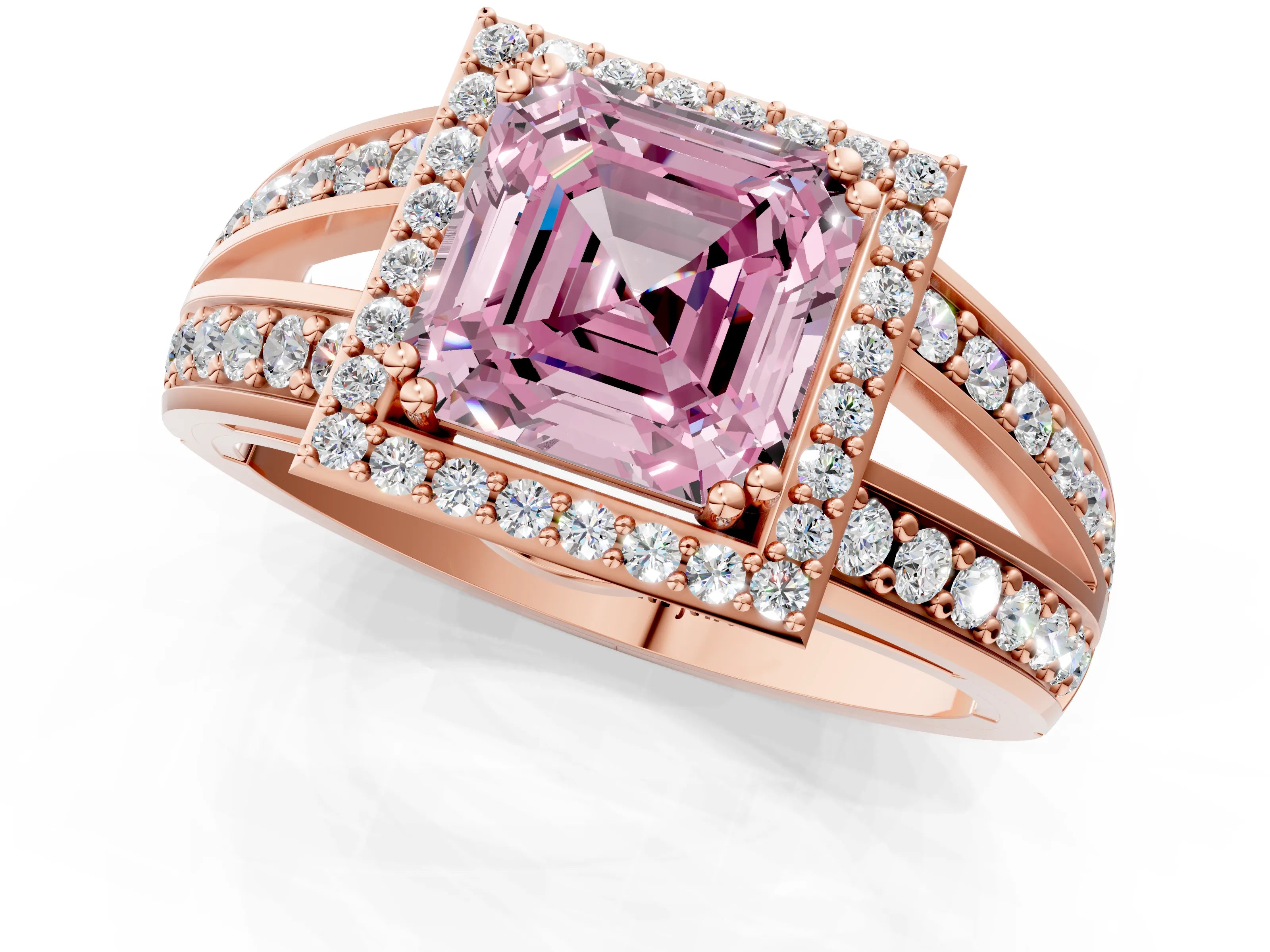 Rose gold Fancy Pink Asscher Cut Diamond Halo Ring with Split Shank Pavé Band and Four-Prong Setting_1