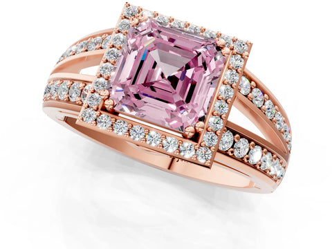 Rose gold Fancy Pink Asscher Cut Diamond Halo Ring with Split Shank Pavé Band and Four-Prong Setting_1