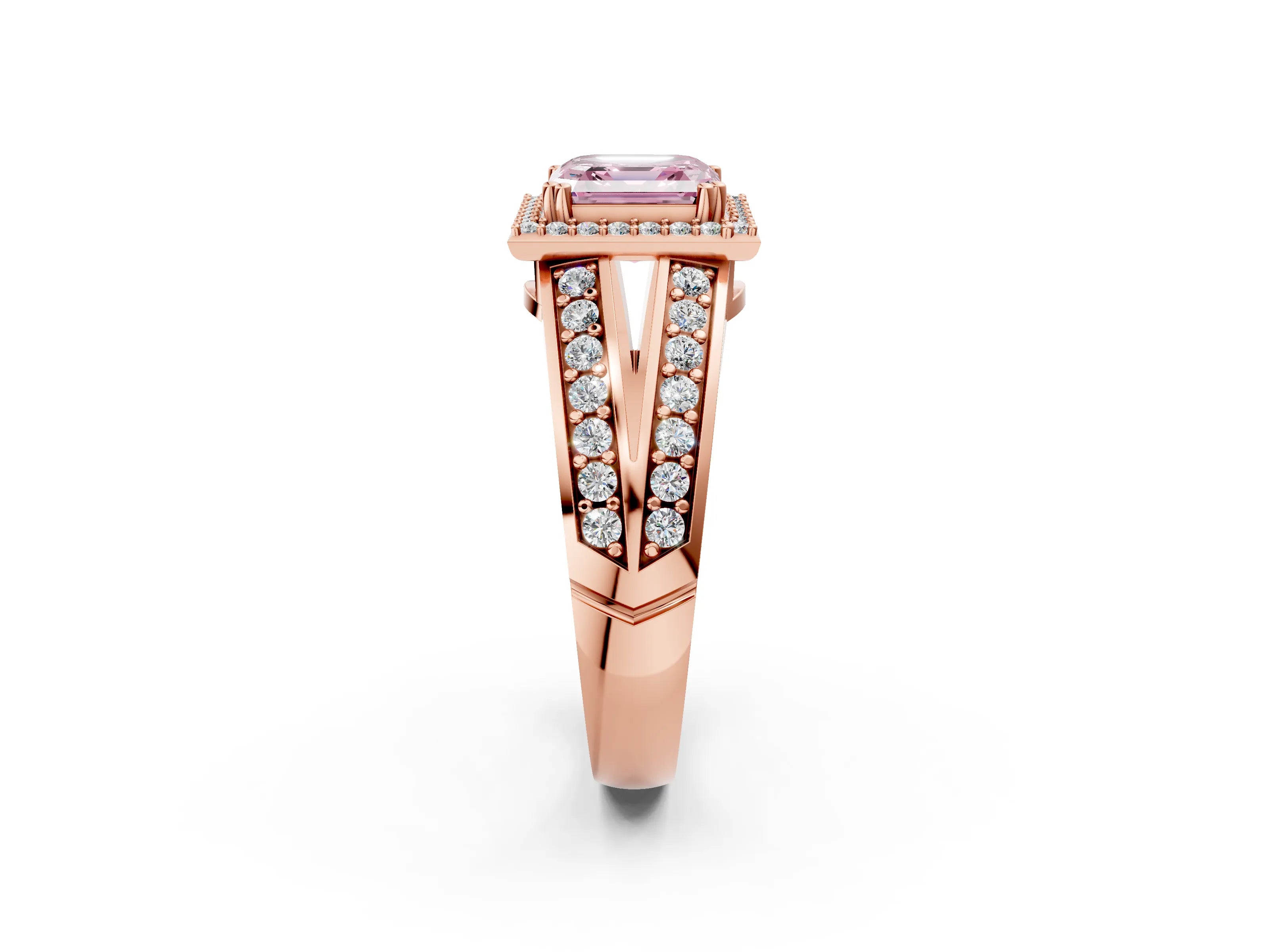 Rose gold Fancy Pink Asscher Cut Diamond Halo Ring with Split Shank Pavé Band and Four-Prong Setting_2