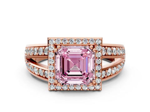 Rose gold Fancy Pink Asscher Cut Diamond Halo Ring with Split Shank Pavé Band and Four-Prong Setting