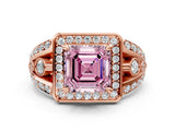 Rose gold Fancy Pink Asscher Cut Diamond Halo Ring with Split Shank and Bezel Accents and Four-Prong Setting