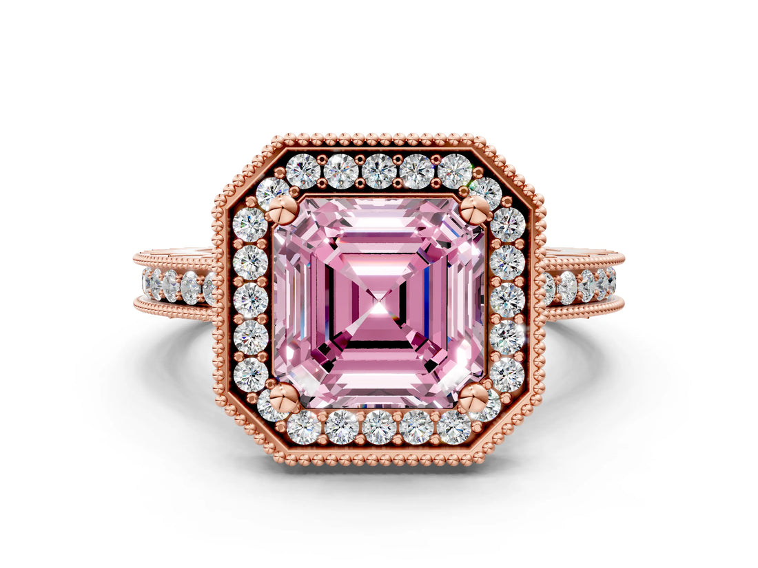 Rose gold Fancy Pink Asscher Cut Diamond Milgrain Halo Engagement Ring with Round Pavé Band and Prong Setting_12