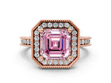 Rose gold Fancy Pink Asscher Cut Diamond Milgrain Halo Engagement Ring with Round Pavé Band and Prong Setting_12