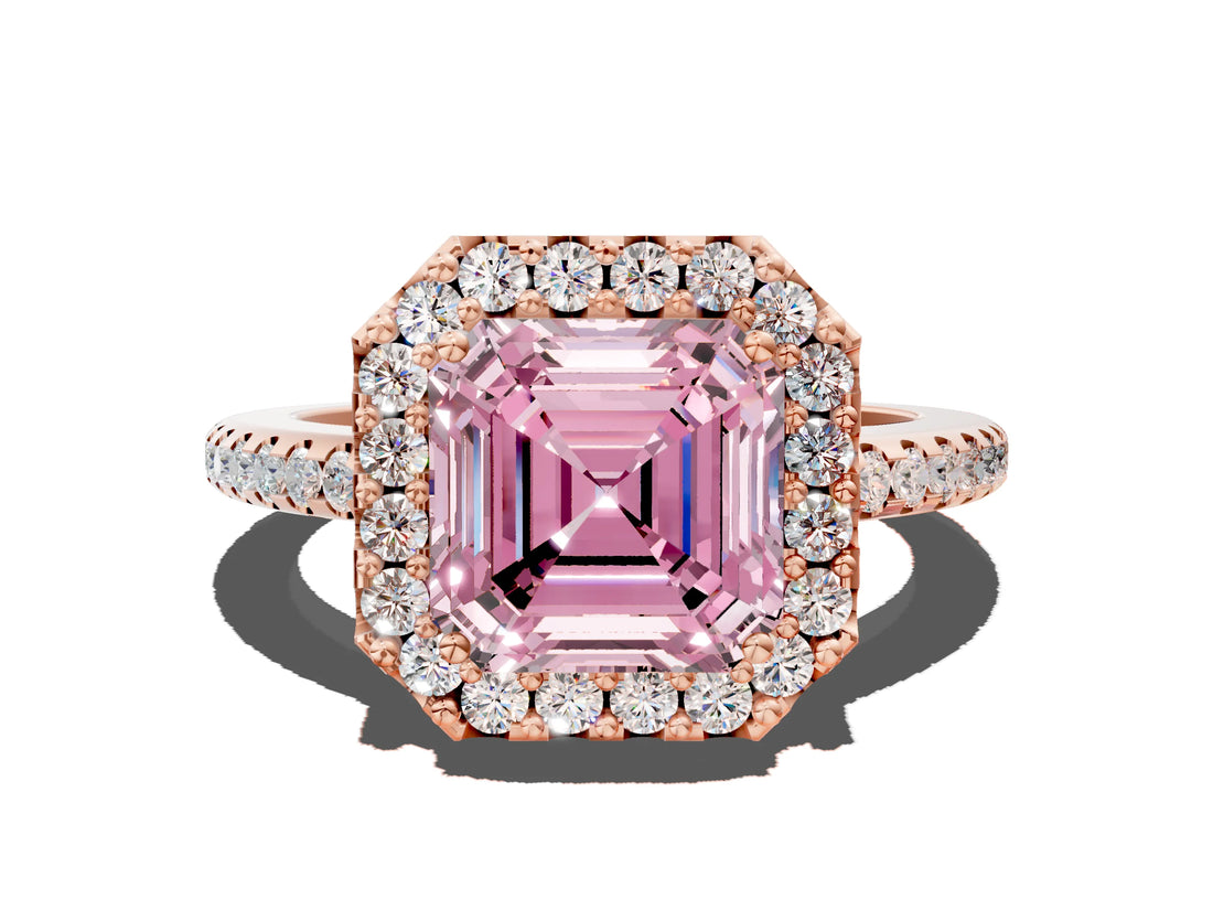 Rose gold Fancy Pink Asscher Cut Diamond Pavé Halo Ring with Four-Prong Setting_48