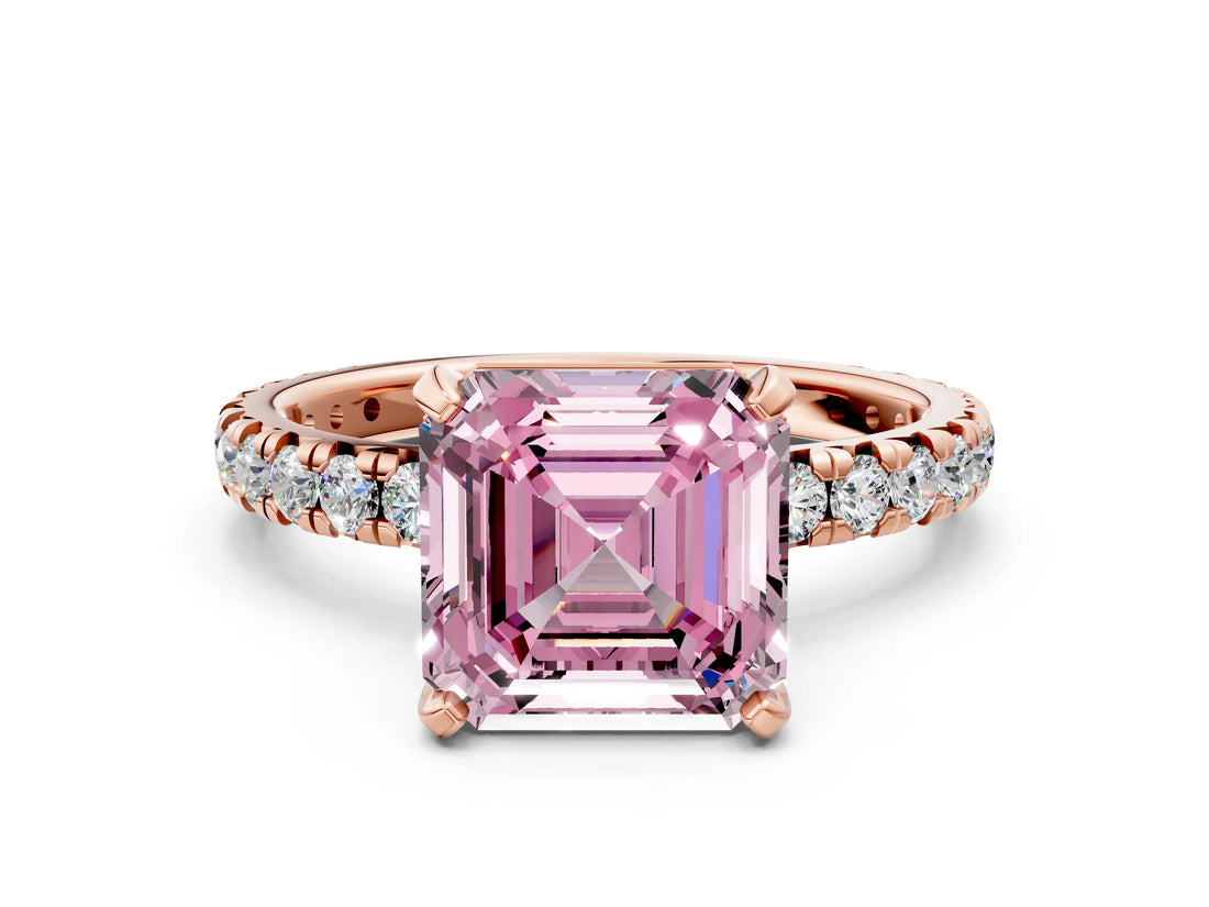 Rose gold Fancy Pink Asscher Cut Diamond Pavé Solitaire Ring with Round Band and Prong Setting_12