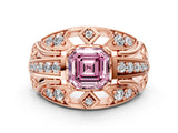 Rose gold Fancy Pink Asscher Cut Diamond Pave Art Deco Split Shank Ring with Four-Prong Setting