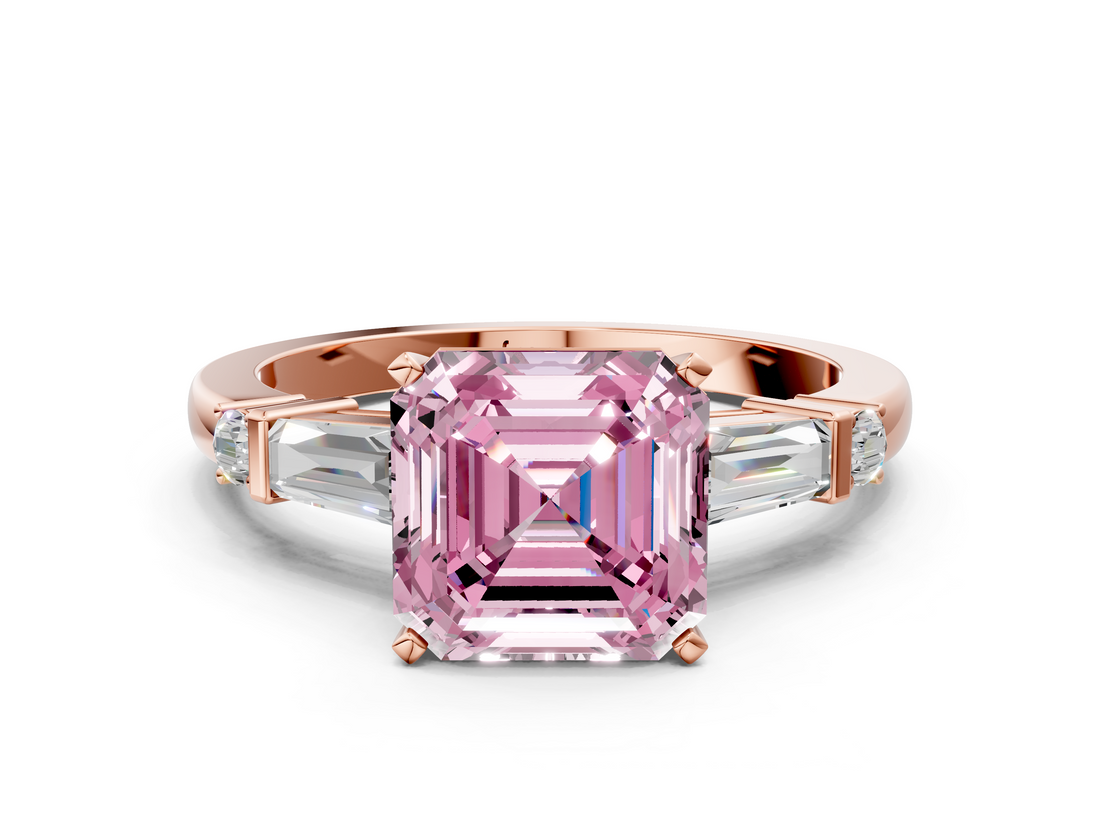 Rose gold Fancy Pink Asscher  Cut Diamond Ring with Baguette Side Stones, Channel Set Band, and Four-Prong Setting_10