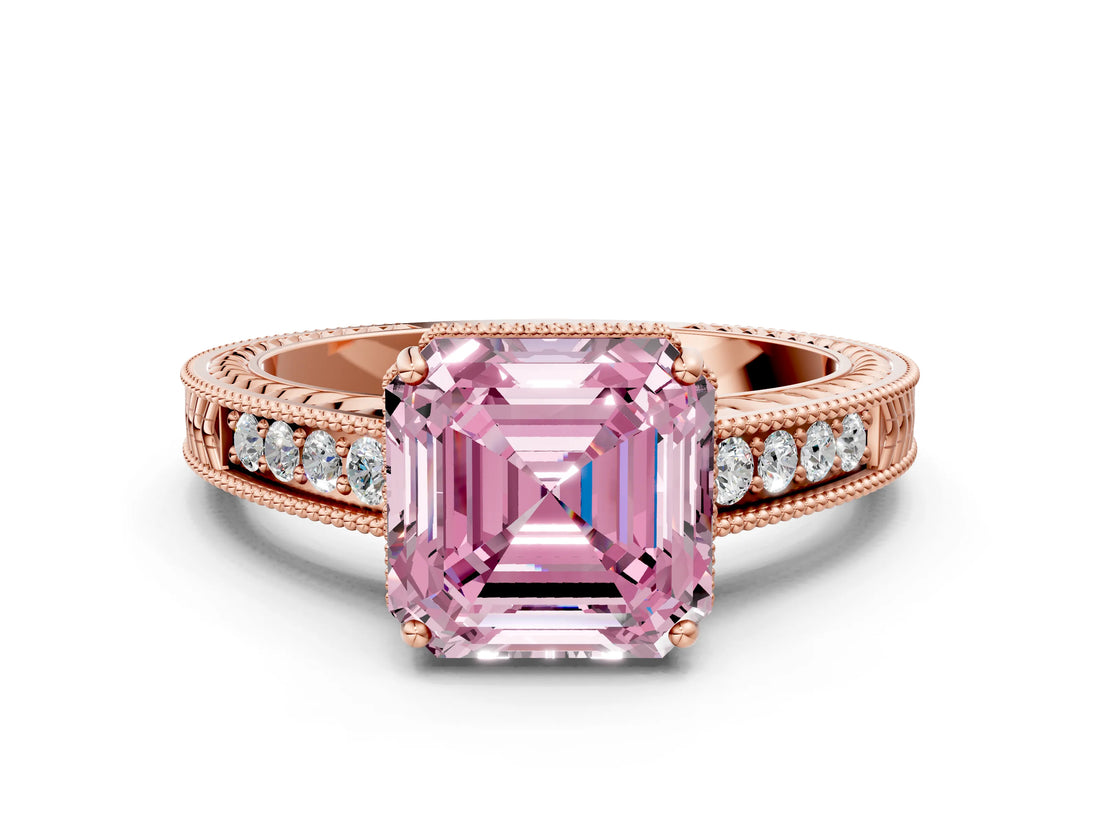 Rose gold Fancy Pink Asscher Cut Diamond Ring with Milgrain Pavé Band and Four-Prong Setting_25
