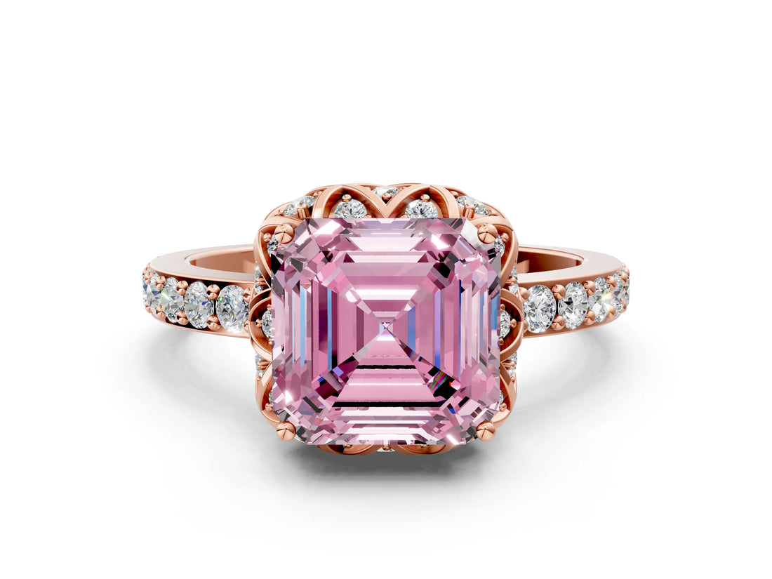 Rose gold Fancy Pink Asscher Cut Diamond Scalloped Halo Engagement Ring with Round Shared Prong Band_12