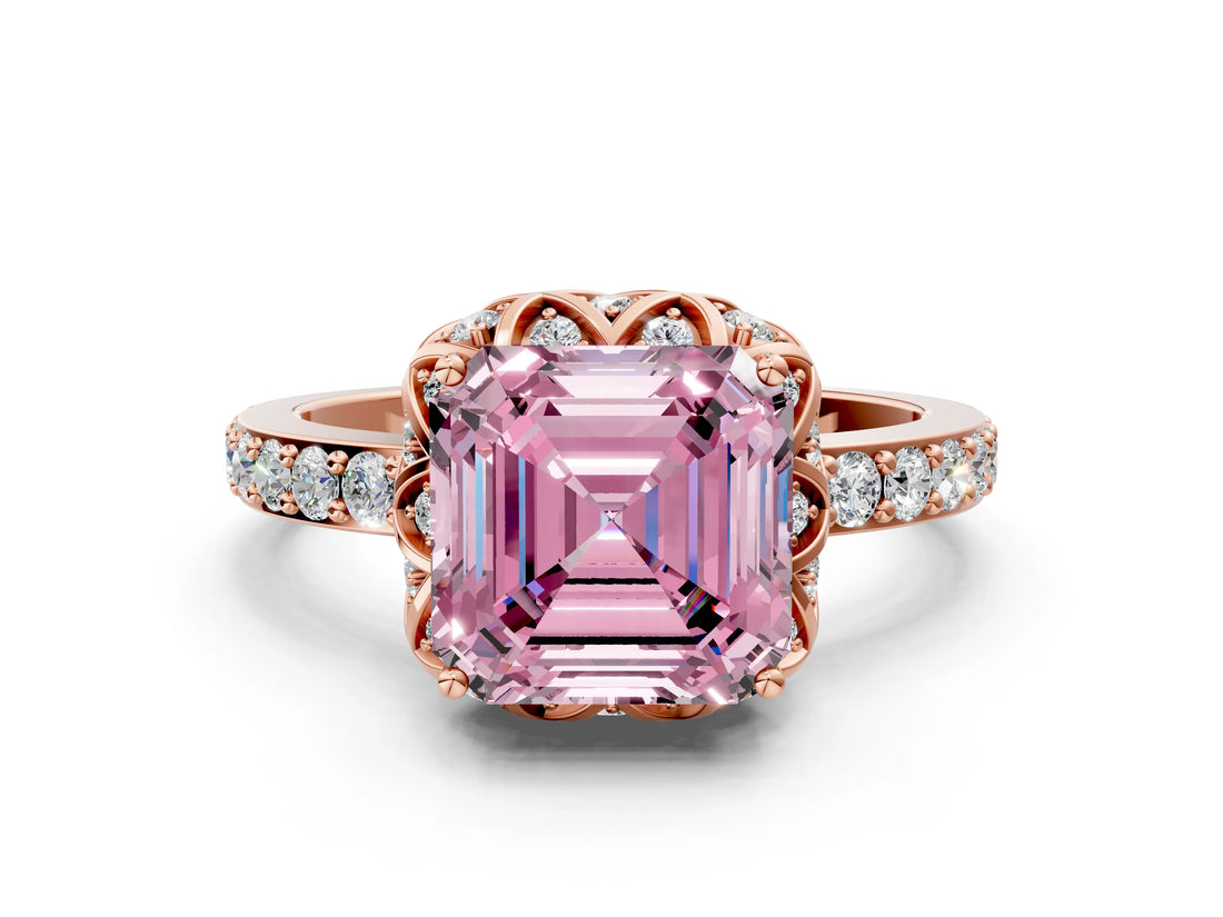 Rose gold Fancy Pink Asscher Cut Diamond Scalloped Halo Engagement Ring with Round Shared Prong Band_24