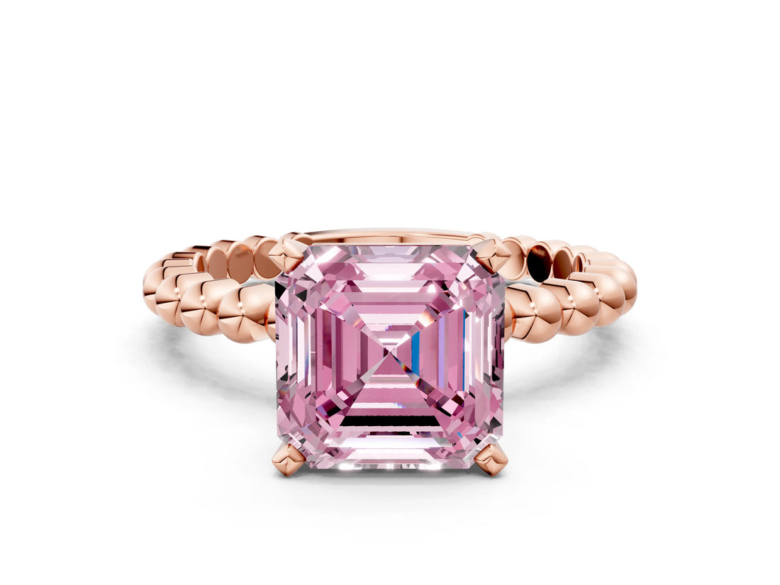 Rose gold Fancy Pink Asscher Cut Diamond Solitaire Ring with Beaded Band and Prong Setting_45