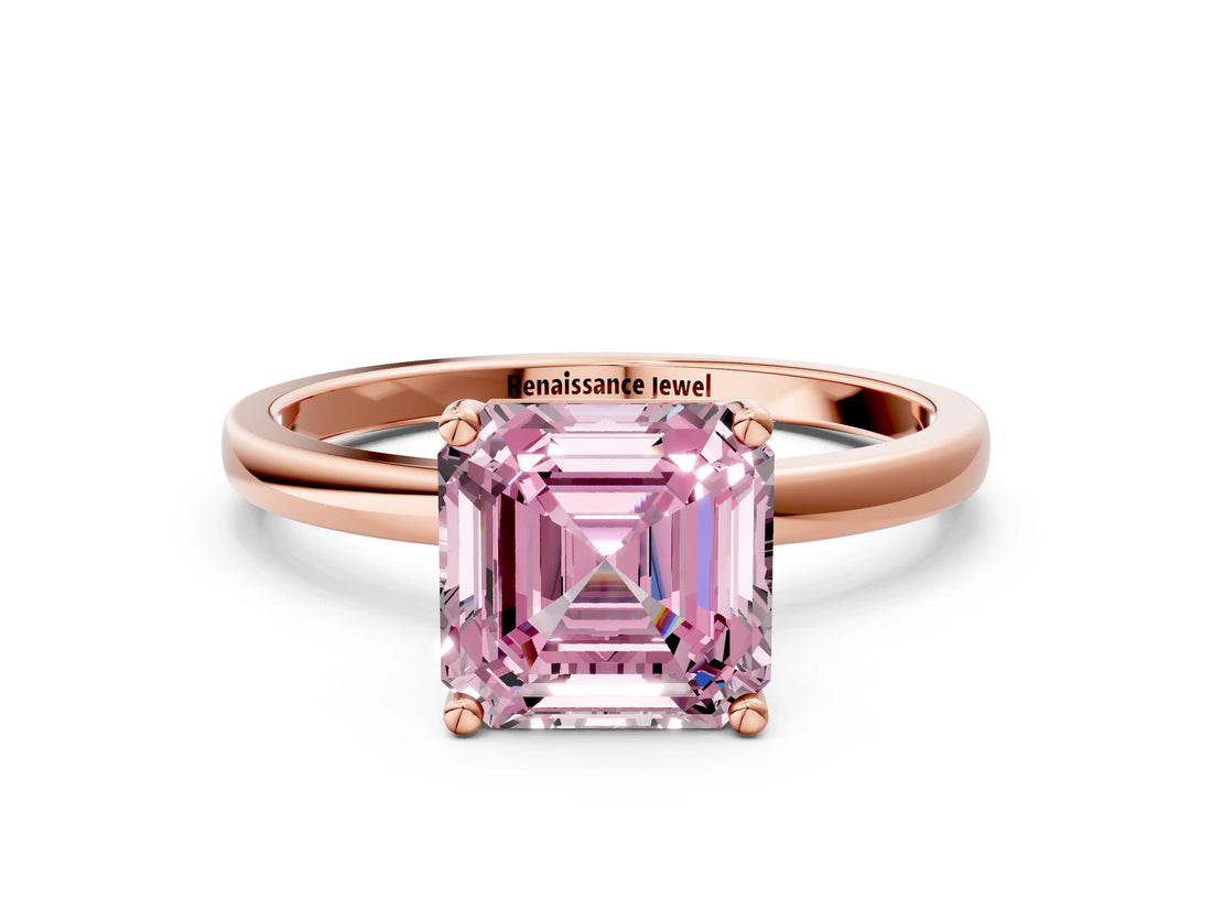 Rose gold Fancy Pink Asscher Cut Diamond Solitaire Ring with Classic Band and Four-Prong Setting
