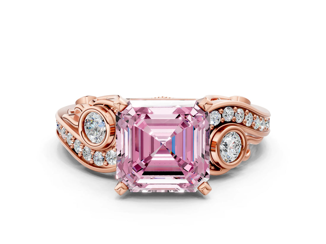 Rose gold Fancy Pink Asscher Cut Diamond Solitaire Ring with Milgrain Pavé Band and Four-Prong Setting_17