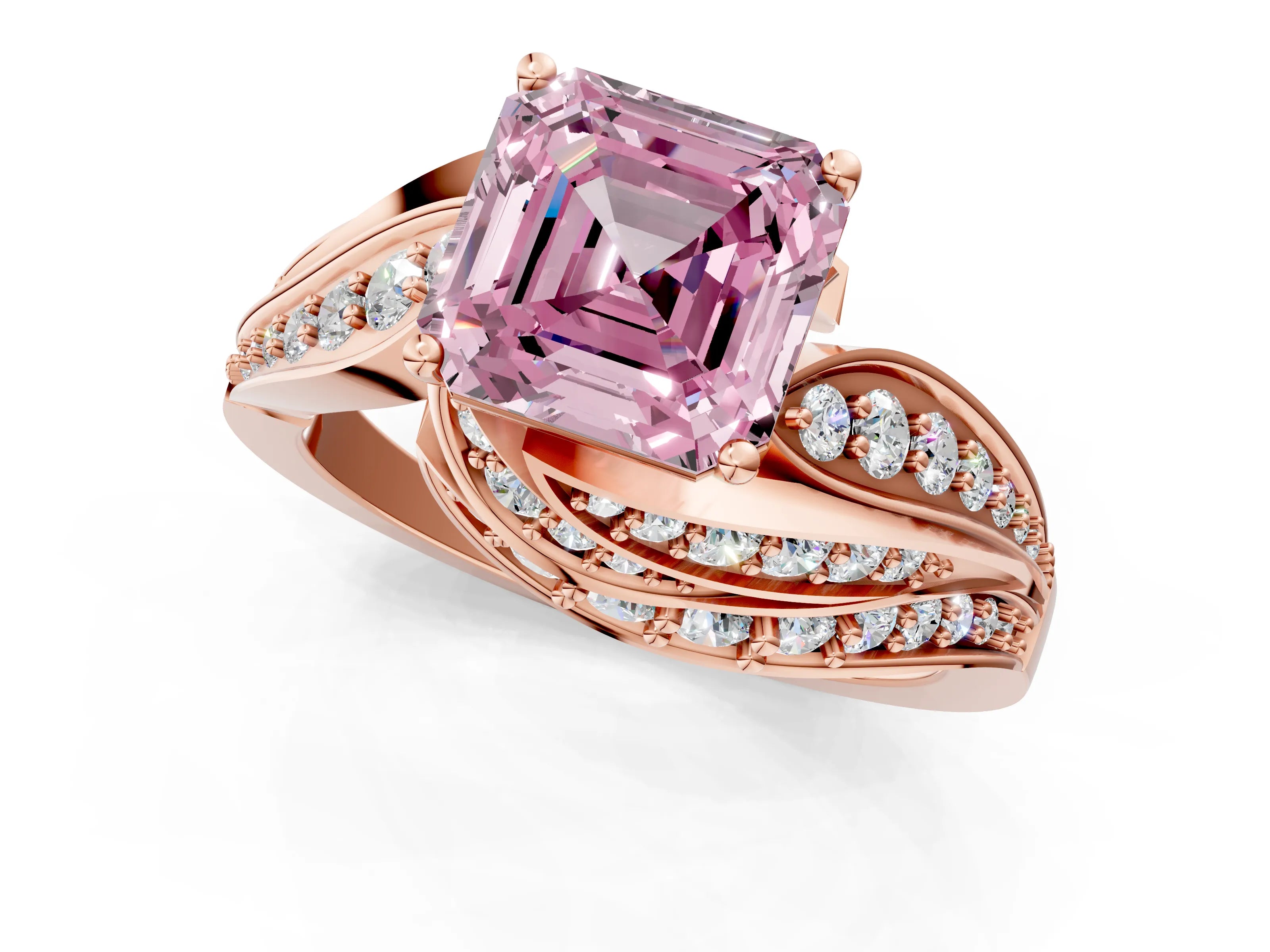 Rose gold Fancy Pink Asscher Cut Diamond Solitaire Ring with Prong Setting and Twisted Pavé Band_1
