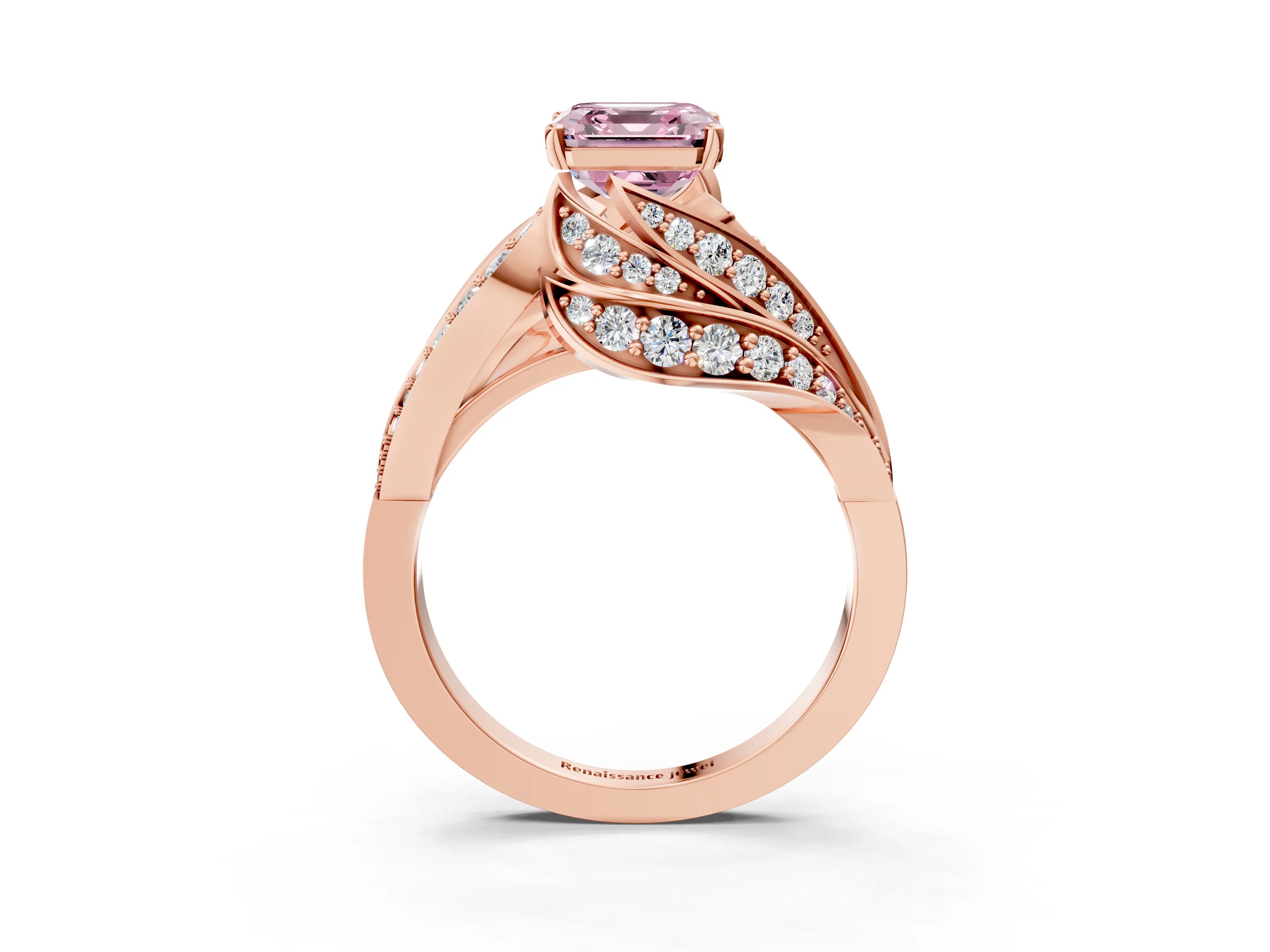 Rose gold Fancy Pink Asscher Cut Diamond Solitaire Ring with Prong Setting and Twisted Pavé Band_3