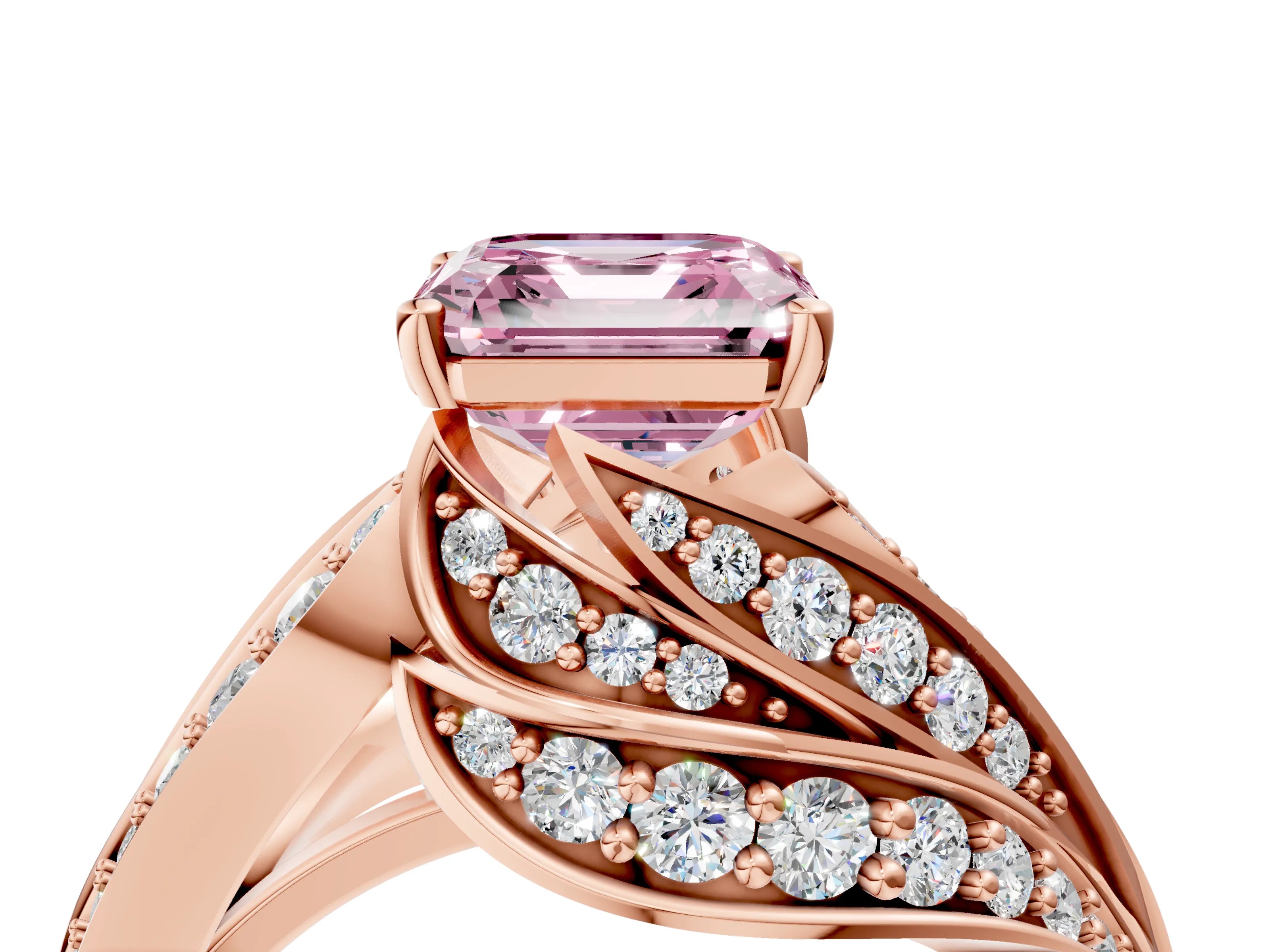 Rose gold Fancy Pink Asscher Cut Diamond Solitaire Ring with Prong Setting and Twisted Pavé Band_4