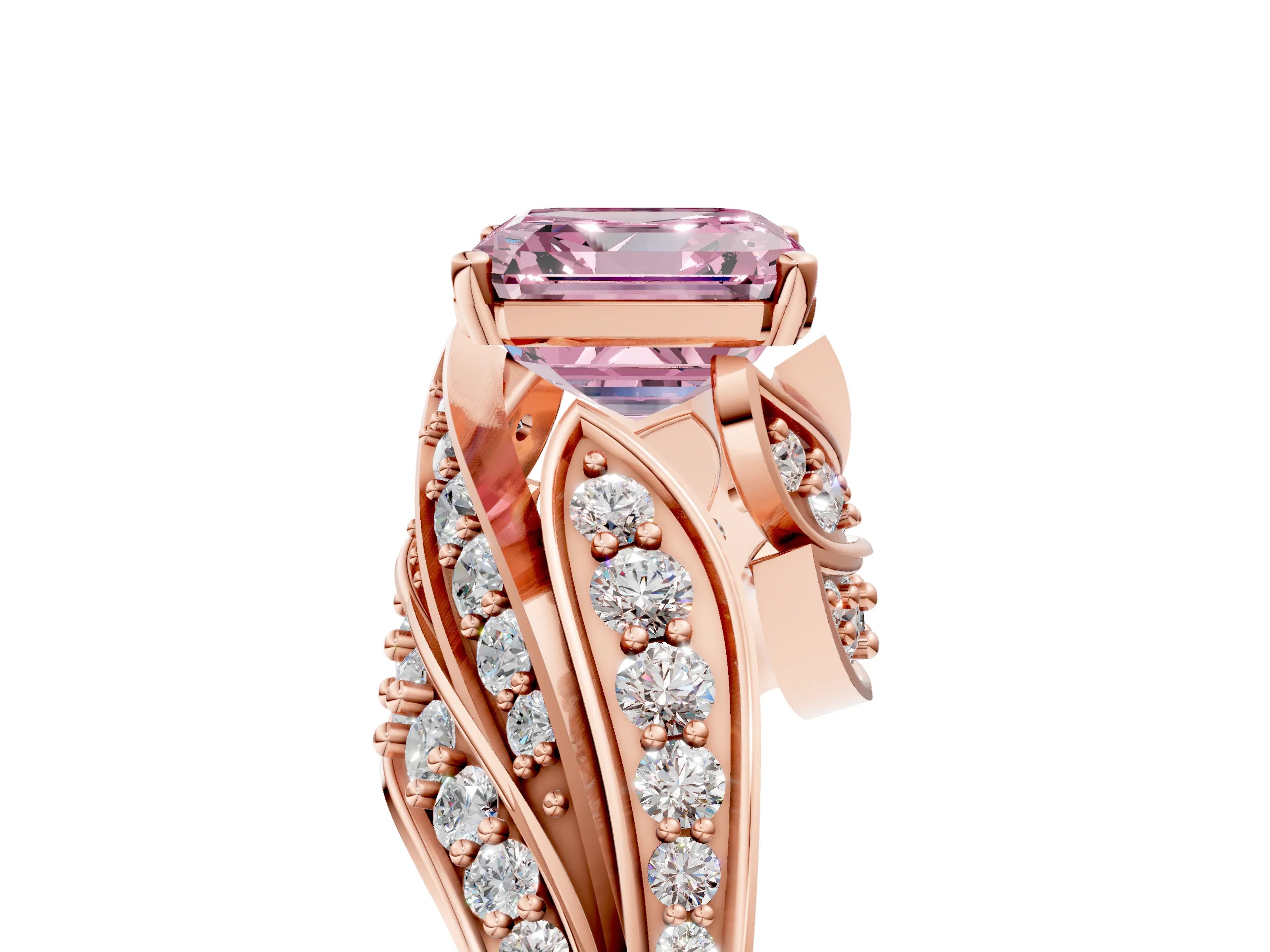 Rose gold Fancy Pink Asscher Cut Diamond Solitaire Ring with Prong Setting and Twisted Pavé Band_5