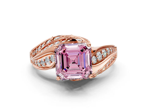 Rose gold Fancy Pink Asscher Cut Diamond Solitaire Ring with Prong Setting and Twisted Pavé Band