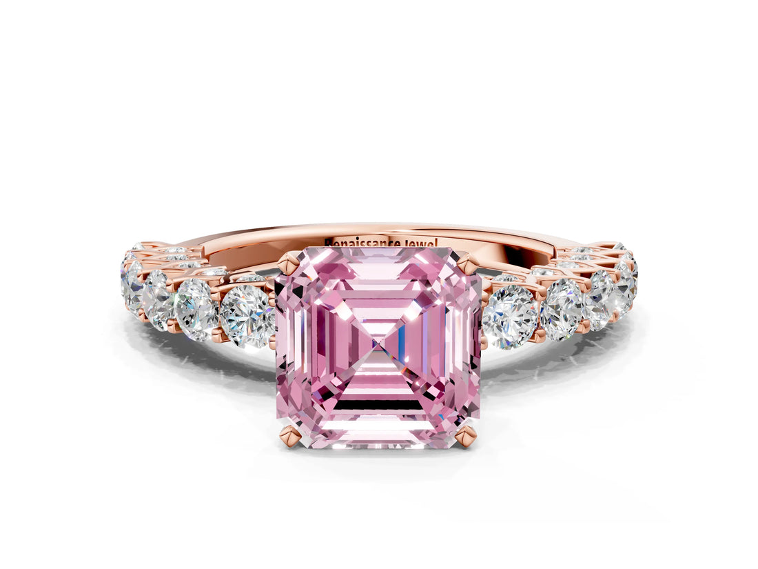 Rose gold Fancy Pink Asscher Cut Diamond Solitaire Ring with Shared Prong Pavé Band and Four-Prong Setting_20