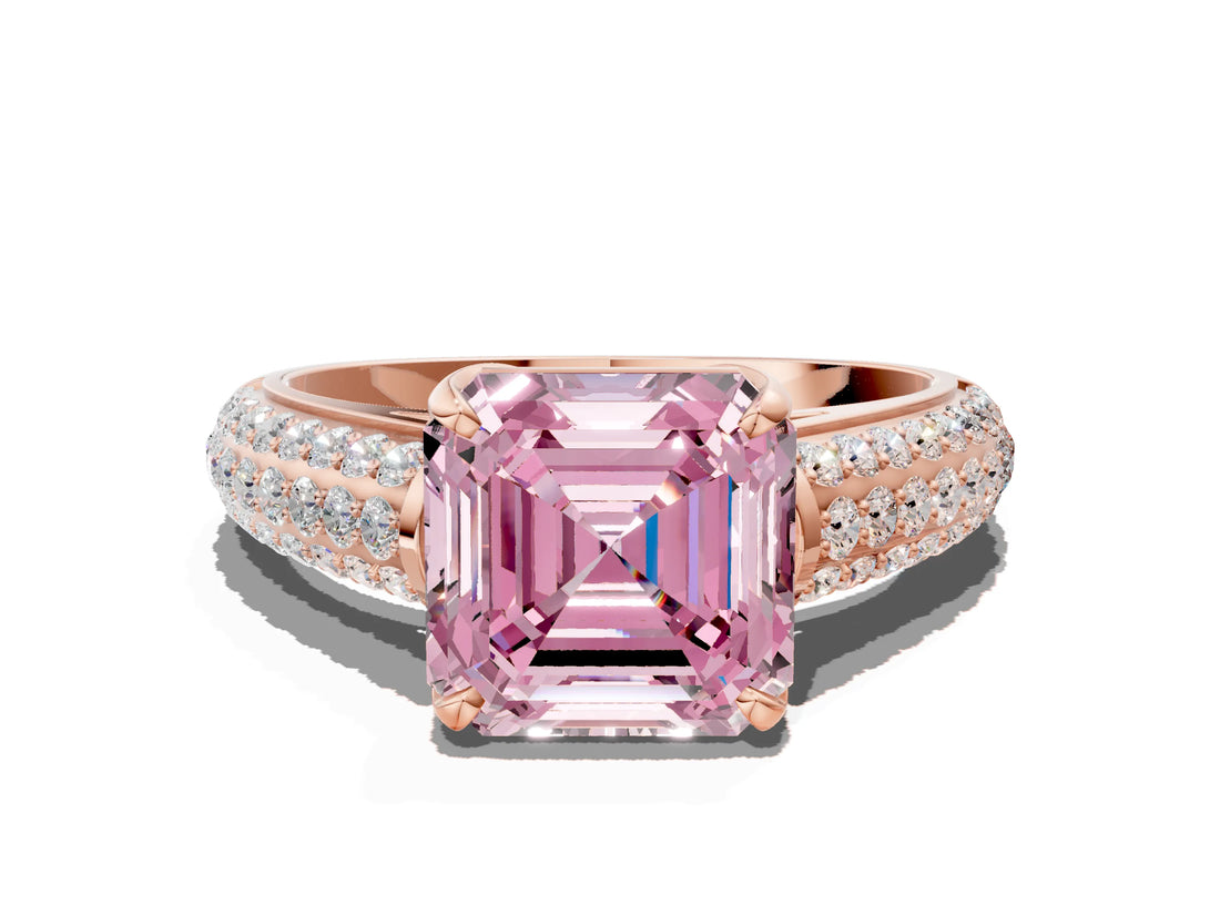 Rose gold Fancy Pink Asscher Cut Diamond Solitaire Ring with Three-Row Pavé Band and Four-Prong Setting_17