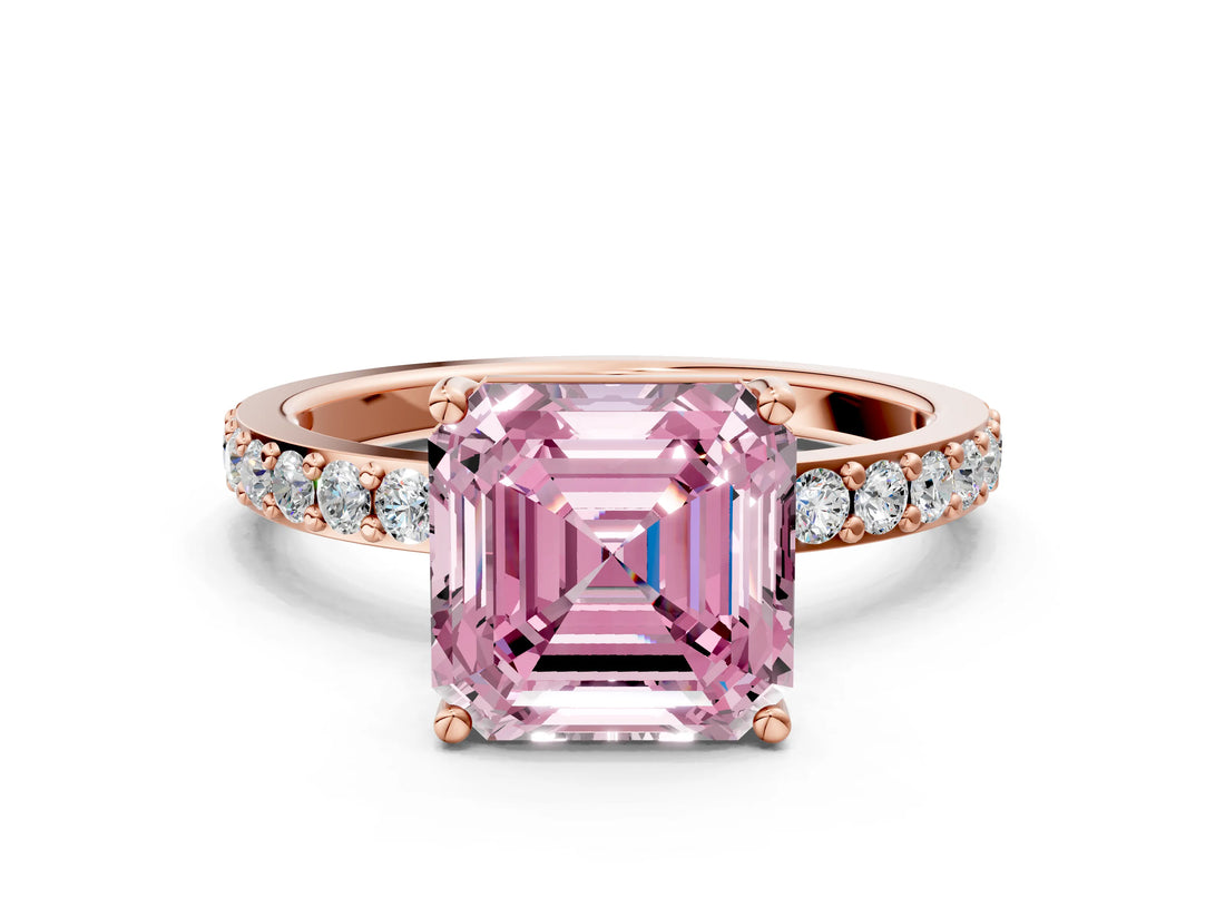 Rose gold Fancy Pink Asscher  Cut Diamond Solitaire with Pave Band and Four-Prong Setting 1