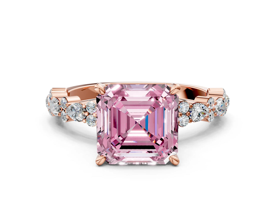 Rose gold Fancy Pink Asscher Cut Diamond Solitaire with Side Stones, Pave Band, Four-Prong Setting_51