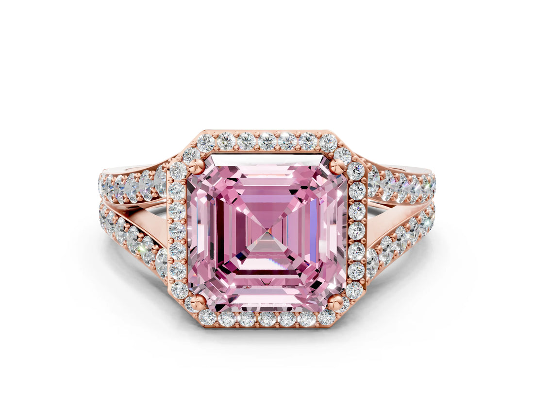 Rose gold Fancy Pink Asscher Cut Diamond Split Shank Halo Ring with Four-Prong Setting_34