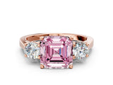 Rose gold Fancy Pink Asscher Cut Diamond Three-Stone Engagement Ring with Prong Setting and Pavé Band