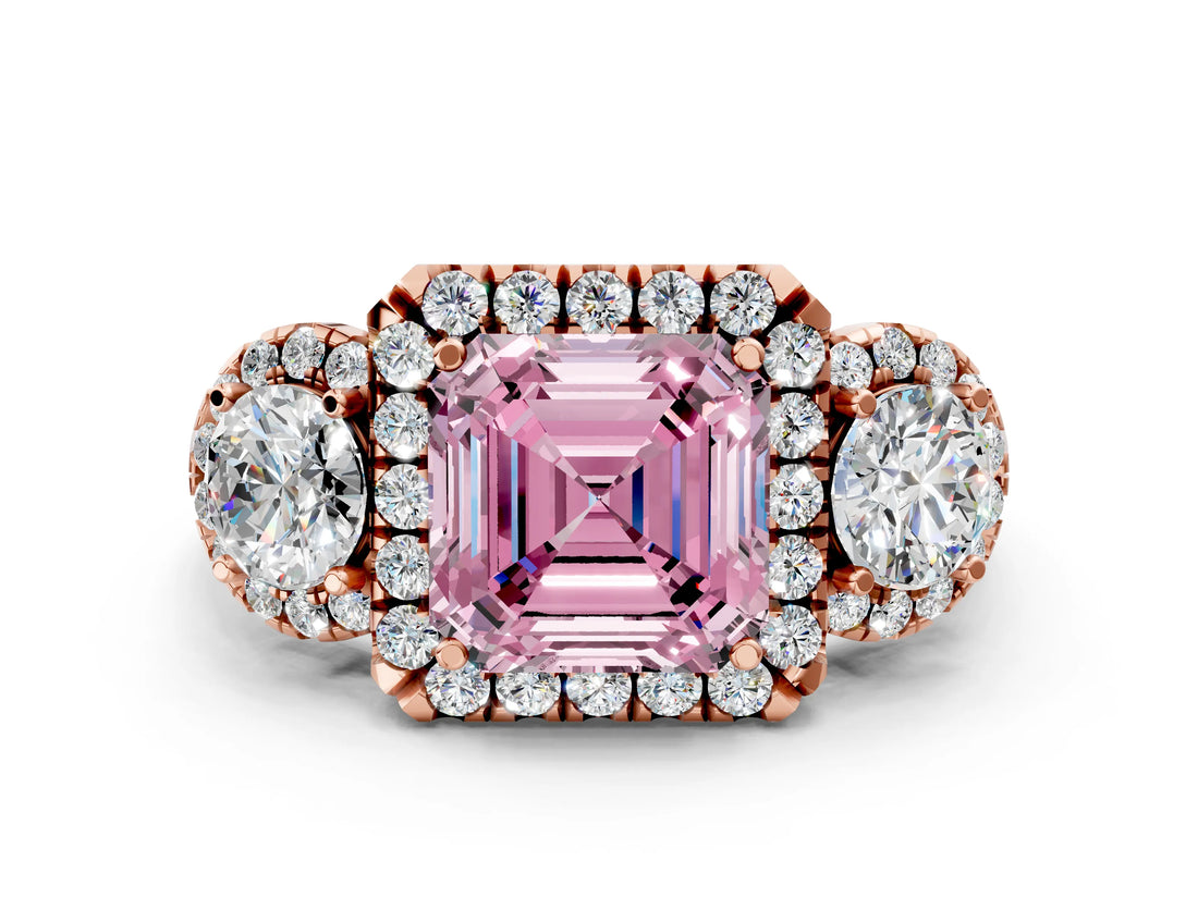 Rose gold Fancy Pink Asscher Cut Diamond Three-Stone Halo Ring with Prong Setting and Pavé Accents