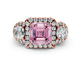 Rose gold Fancy Pink Asscher Cut Diamond Three-Stone Halo Ring with Prong Setting and Pavé Accents
