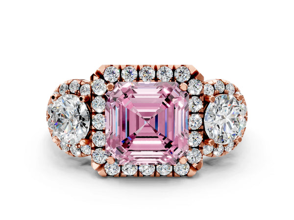 Rose Gold Asscher Cut Three Stone Halo Engagement Ring Setting for Fancy Pink Center