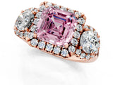 Rose gold Fancy Pink Asscher Cut Diamond Three-Stone Halo Ring with Prong Setting and Pavé Accents_1