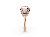 Rose gold Fancy Pink Asscher Cut Diamond Three-Stone Halo Ring with Prong Setting and Pavé Accents_2