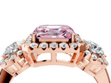 Rose gold Fancy Pink Asscher Cut Diamond Three-Stone Halo Ring with Prong Setting and Pavé Accents_4