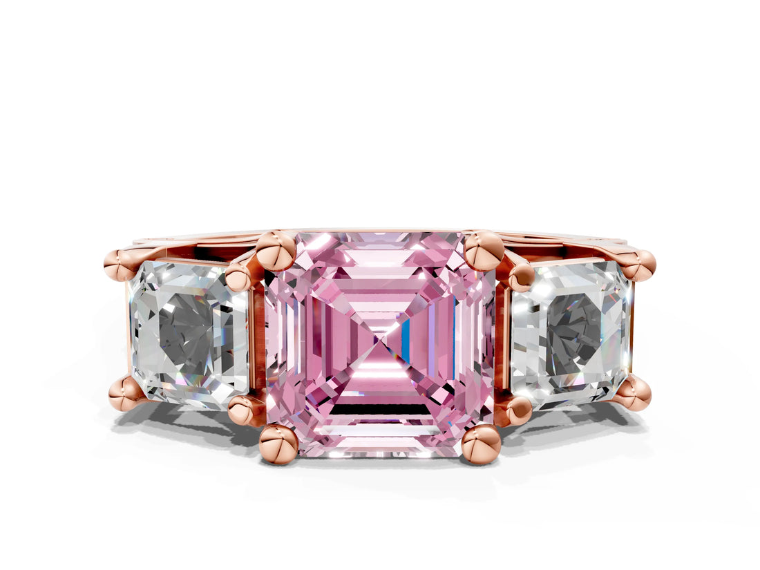 Rose gold Fancy Pink Asscher Cut Diamond Three-Stone Ring with Channel Set Band and Four-Prong Setting_75