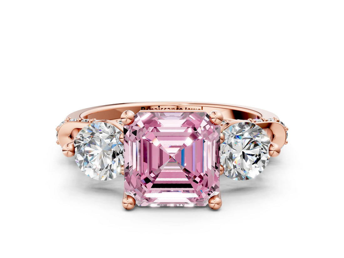 Rose gold Fancy Pink Asscher Cut Diamond Three-Stone Ring with Prong Setting and Pavé Band