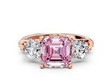 Rose gold Fancy Pink Asscher Cut Diamond Three-Stone Ring with Prong Setting and Pavé Band
