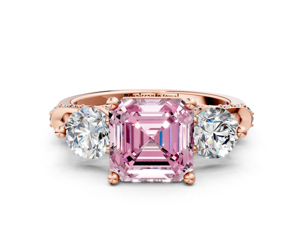Rose Gold Asscher Cut Curved Pave Three Stone Engagement Ring Setting for Fancy Pink Center