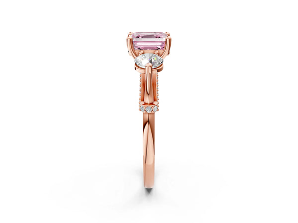 Rose Gold Asscher Cut Curved Pave Three Stone Engagement Ring Setting for Fancy Pink Center