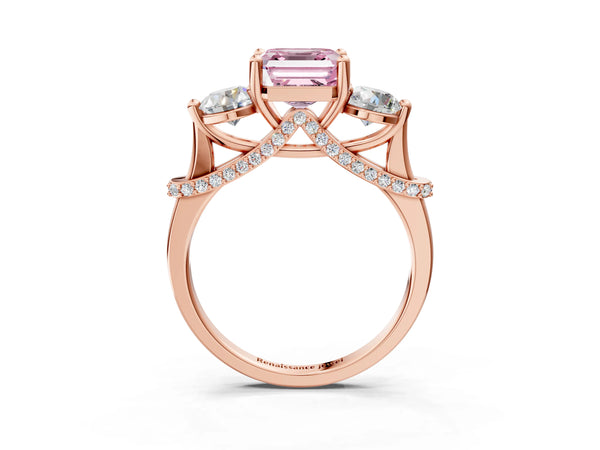 Rose Gold Asscher Cut Curved Pave Three Stone Engagement Ring Setting for Fancy Pink Center