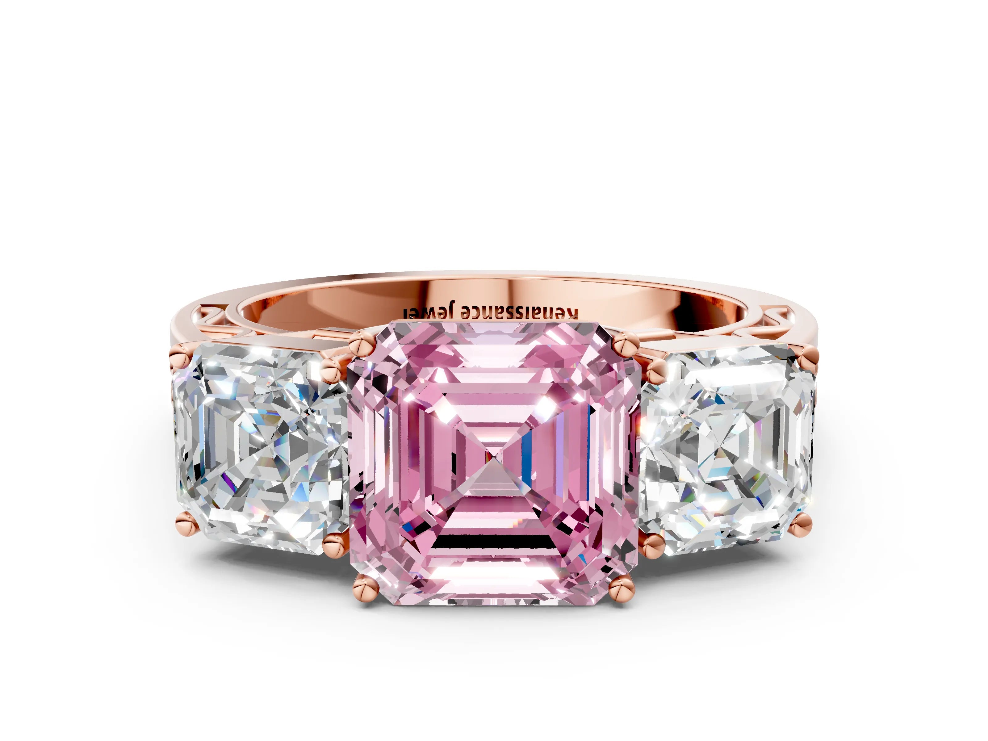 Rose gold Fancy Pink Asscher Cut Diamond Three-Stone Ring with Prong Setting and Textured Band