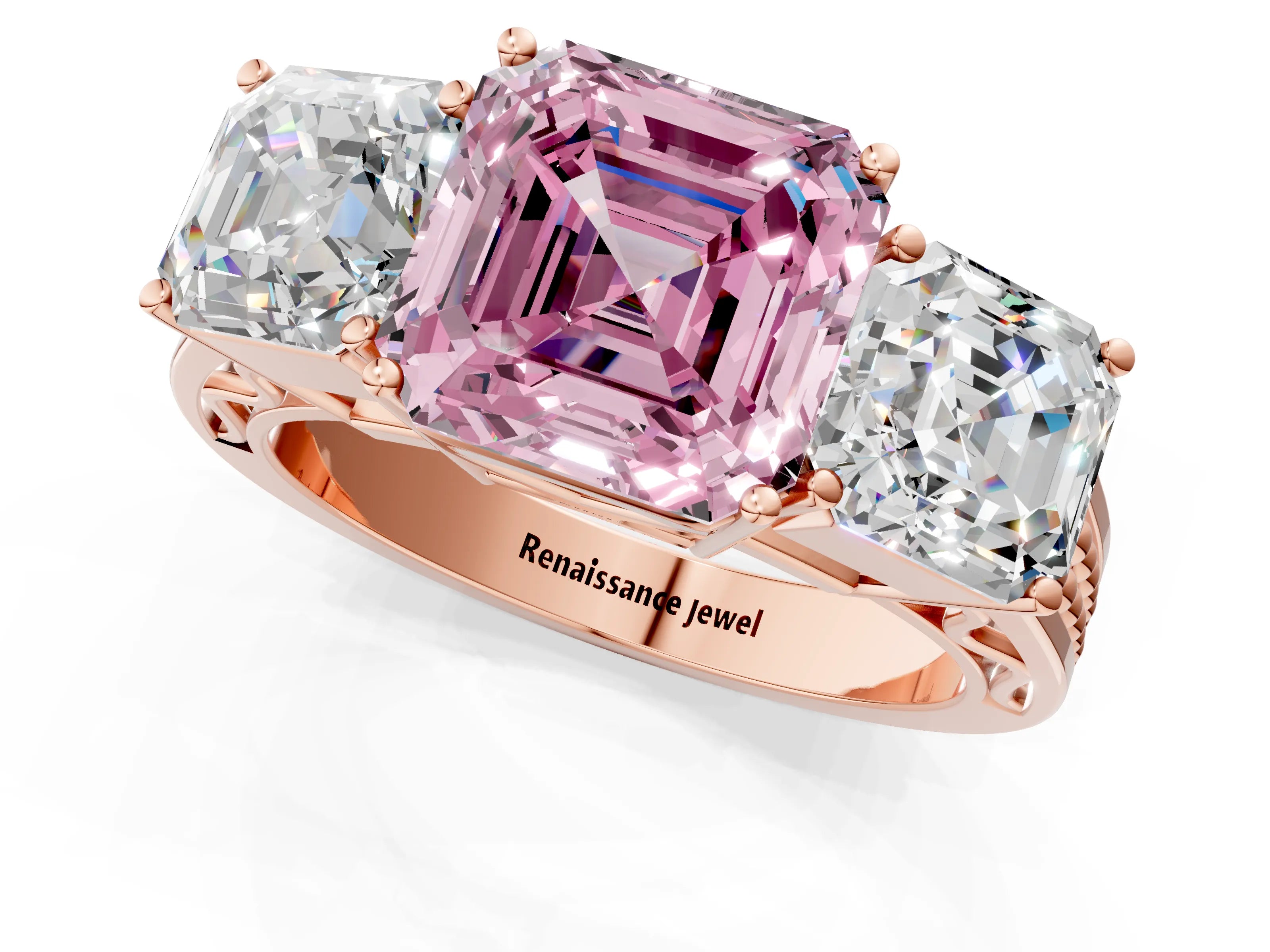 Rose gold Fancy Pink Asscher Cut Diamond Three-Stone Ring with Prong Setting and Textured Band_1