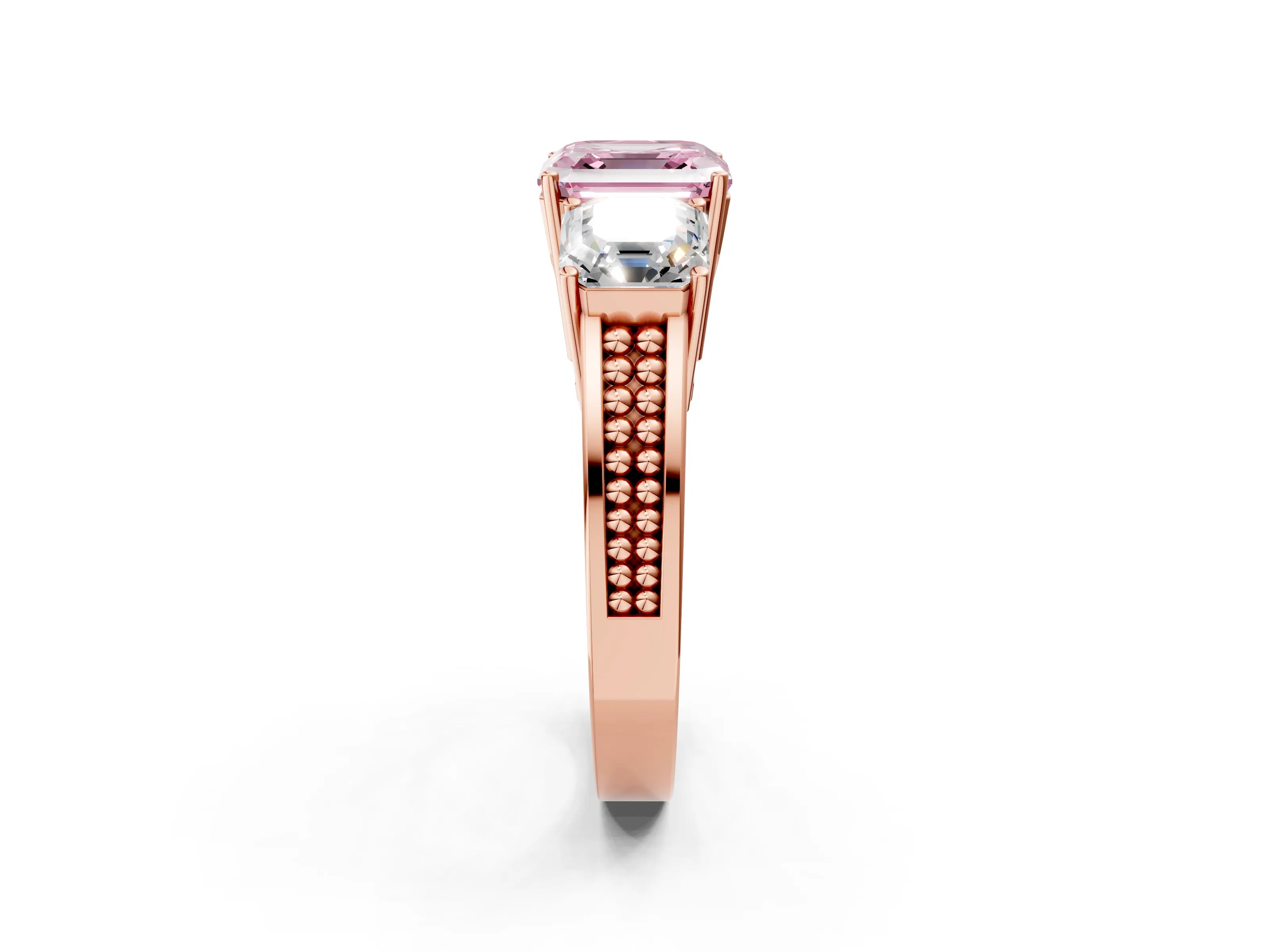 Rose gold Fancy Pink Asscher Cut Diamond Three-Stone Ring with Prong Setting and Textured Band_2