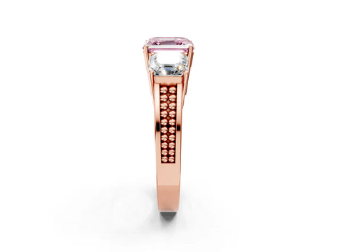 Rose gold Fancy Pink Asscher Cut Diamond Three-Stone Ring with Prong Setting and Textured Band_2