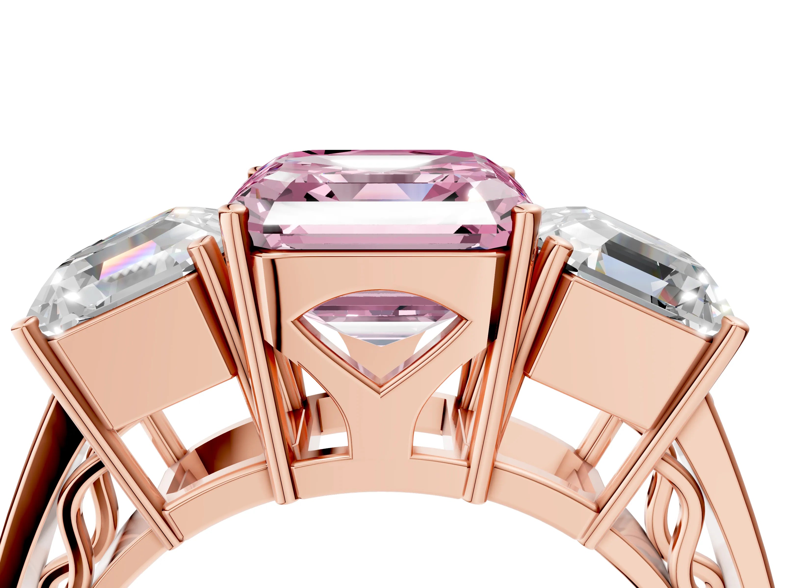 Rose gold Fancy Pink Asscher Cut Diamond Three-Stone Ring with Prong Setting and Textured Band_4