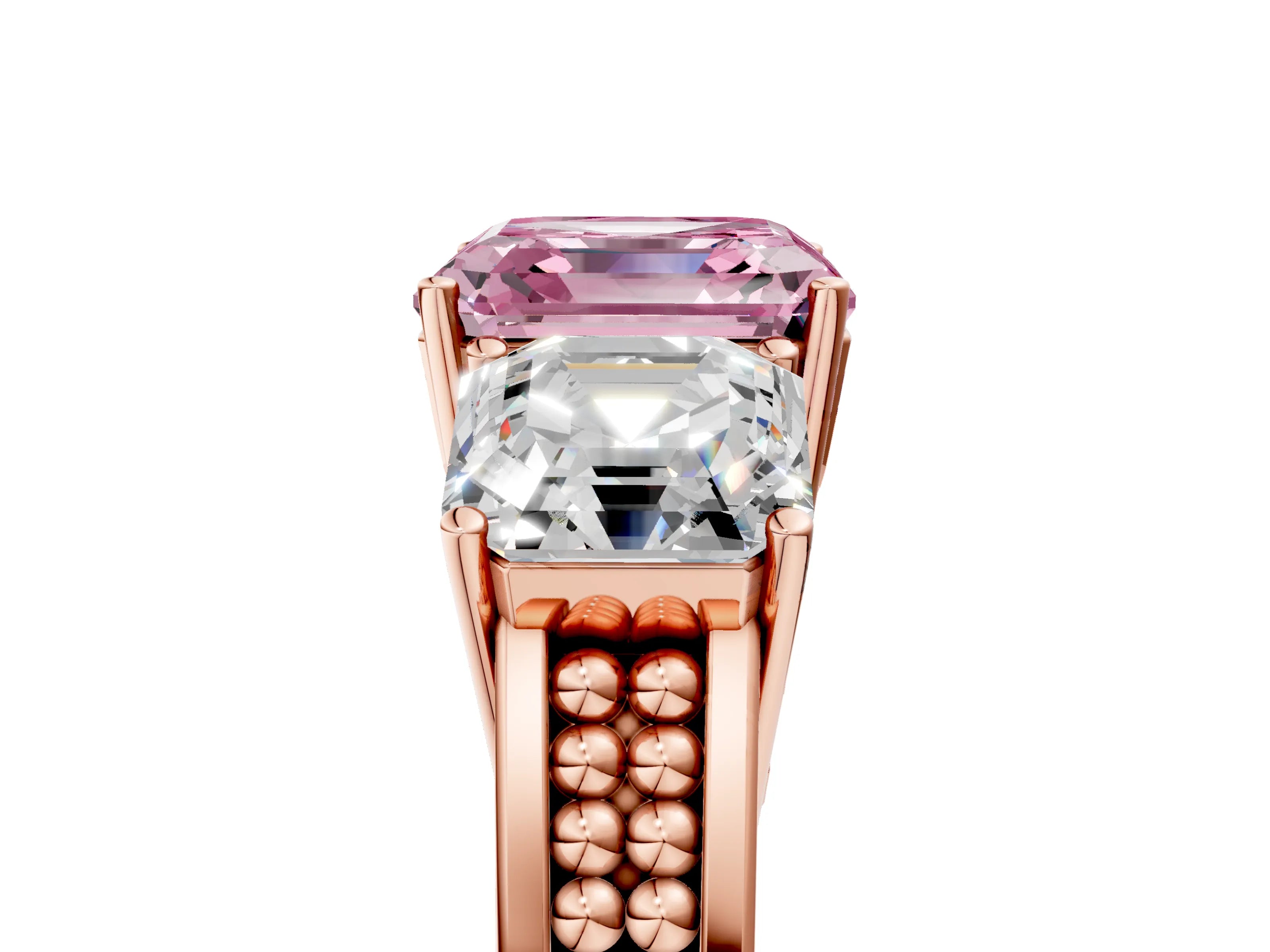 Rose gold Fancy Pink Asscher Cut Diamond Three-Stone Ring with Prong Setting and Textured Band_5